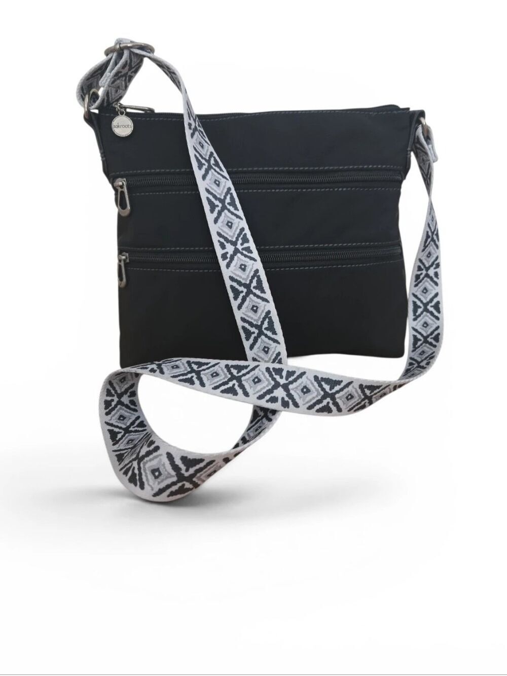Sakroots Artist Circle Black Eco Twill Crossbody Bag Vegan Multi Pocket Adjustab